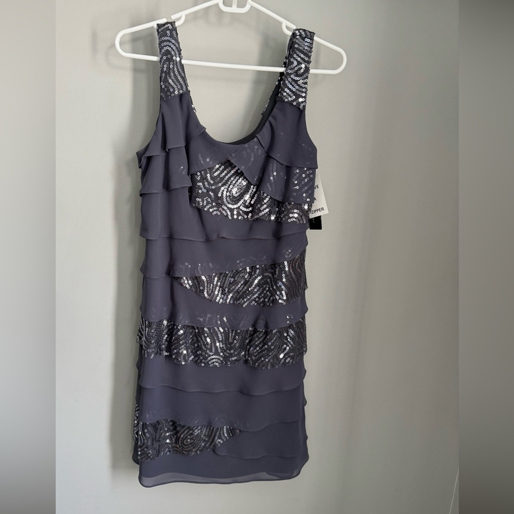 SL Fashions Gray Sequin Tiered Mini Dress